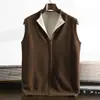 Cardigan de zíper duplo 100% lã pura masculino gola alta colete de malha sem mangas espessado xale de lã casual de negócios