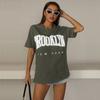 Bai Fen Zhi YiAmazon Transfronteiriça Verão Europeu e Americano Soltinha Estampada Gola Redonda Casual Camiseta Preta para Mulheres