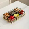 Prato de frutas de vidro de luxo leve, prato criativo dividido para lanches na sala de estar da casa, prato de lanches de frutas secas, prato de sobremesa, prato de frutas e doces