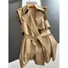Novo estilo 2026, colete trench coat de comprimento médio conversível, cardigã de outono acinturado, atacado N6CMJ623