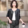 Jaqueta de Couro Haining para Mulheres, Comprimento Médio, Preta, Gola Redonda, Cintura com Amarração, Jaqueta de Couro, Novo Estilo Outono e Inverno, Elegante Casaco de Couro