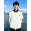 Chamarra deportiva para hombre con bloques de color de tres rayas y cuello alto, sudadera deportiva de moda para otoño con cierre, prenda exterior corta estilo americano para pareja