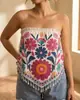 Estilo Étnico Europeu Estampa Floral Bandeau Renda Elástica Wrap Top Barra Desfiada Irregular Colete Sem Manga de Férias