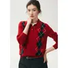 26 Suéter Nuevo de Punto Cachemir para Mujer Cuello Polo Patrón de Diamantes Moda Manga Larga Camiseta Base de Cachemir