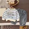Conjunto de Sudadera Rayada y Jeans para Niños de Primavera y Otoño Dibujos Animados Lindo Casual Dos Piezas Manga Larga Atuendo de Moda Infantil