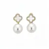 Pendientes de Flor de Nácar con Circonita, Estilo Lujo Ligero, Aguja de Plata Electrochapada en Oro Real de 14K, Pendientes de Dos Vías para Mujer