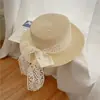 Sombrero de Paja para Mujer, Nuevo Estilo de Verano, Protección Solar para la Playa, Sombrilla, Encaje Francés Tejido, Lazo, Sombrero de Ala Ancha