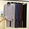 Pantalones Largos de Modal Traje para Casa para Hombre Otoño Delgado Camiseta de Cuello Redondo Pantalones Rectos Sueltos Conjunto de Dos Piezas