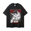 Camiseta Anime Lavada Vintage de Manga Curta com Estampa Retrô, Peso Pesado, Caimento Solto, Estilo High Street, Versátil para o Dia a Dia