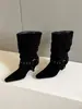 Primer Encuentro Ji Dong Qiu Estilo Nuevo Punta Cuadrada Hebilla Tacón Alto Botas de Media Caña Moda Femenina Temperamento Adelgazante Fruncidas Botines Botines