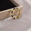 Anel Geométrico Zircônia Banhado a Ouro Real com Gotejamento de Óleo Estilo Hong Kong Retro Elegante Nicho Anel Aberto Simples Versátil Joia de Mão para Mulheres