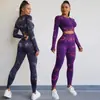 Ropa de yoga tie-dye europea y americana para otoño e invierno, pantalones deportivos ajustados para levantar glúteos, traje de yoga transpirable de manga larga para exteriores, para mujer