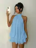Roupas de resort femininas transfronteiriças europeias e americanas: vestido top de chiffon com saia curta evasê, justo ao corpo, sexy, sem costas, gola halter, amarração na cintura
