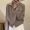 Cardigan de Lã de Seda de Alta Qualidade Outono e Inverno Feminino, Estilo com Gola e Zíper Feminino, Jaqueta de Tricô Outerwear de Cor Sólida com Temperamento