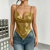 Top corto metálico con cadena de lentejuelas estilo europeo y americano, cuello halter con escote en V pronunciado, corte ajustado, entallado en la cintura, sexy para fiesta