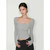 Camiseta Blanca de Manga Larga con Cuello en U Grande para Mujer, Top Elegante Sencillo de Corte Ajustado