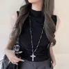Colar Longo em Forma de Cruz Estilo Gótico Escuro, Corrente de Suéter Doce e Descolada para Meninas Modernas, Acessório da Moda com Design em Camadas