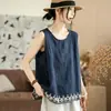 Estilo verão, tamanho grande, mistura de algodão e linho, bainha bordada, colete sem mangas, modelagem solta, respirável, adequado para o trabalho ou uso casual, camiseta feminina