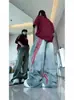 Jeans Largos Retos com Costura Contrastante Listrados Estilo Americano Retrô Tamanho Plus Size Marca Tendência Feminina Calças Largas de Ferramenta