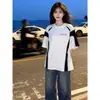 Camiseta de Algodón Puro Pesado Estilo Coreano Estampado de Letra Simple Verano Cuello Redondo Longitud Media Holgada Manga Corta Unisex Top para Viajar Ins