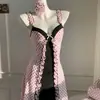 Vestido Transfronterizo Europeo y Americano Estilo Chica Pura Deseo 2026 con Estampado, Cintura Ajustada, Sin Tirantes, Cuello en V Profundo y Bordes con Volantes