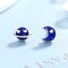 Aretes Asimétricos de Plata Esterlina S925 Planeta Azul Oscuro Luna Gota de Pegamento Aretes de Moda Aretes de Personalidad Temperamento Estilo Coreano