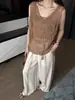 Blusa de Tricô Crochê Sem Mangas com Recortes Estilo Coreano para Mulheres, Peça de Roupa Externa Solta, Estilo Verão, Colete Preguiçoso Estilo Hong Kong com Decote V para Mulheres