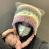 Gorro de Felpa Tejido para Mujer en Otoño e Invierno, Circunferencia de Cabeza Grande, Rayas Tejidas Coloridas, Engrosado, Cálido, Protección para las Orejas, Pequeño Gorro de Lana que Muestra la Cara