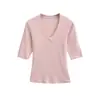 Venta al por mayor de ropa de mujer transfronteriza, estilo europeo y americano, nueva moda primavera 2026, versátil, multicolor, cuello en V, cómoda, manga media, camiseta top