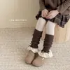Zapatos y calcetines para niñas, otoño e invierno, con bordes rizados, moño y dulce detalle de encaje floral, de altura media hasta la pantorrilla
