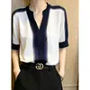 Blusa Feminina Cor de Bloco com Gola Levemente Madura Estilo Francês, Manga Curta, Lançamento Verão 2026, Versátil, Elegante, Corte Solto para o Trabalho