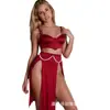 Traje con Abertura Sexy Comercio Exterior Europeo y Americano Venta al por mayor de Perlas Malla Camisola Lencería Estilo Largo Falda Larga Pijama m024