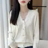 Suéter de malha cardigan de lã merino 100% com decote V e acabamento em renda, estilo francês suave, abertura frontal, moda simples e elegante