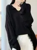 Suéter de Punto Nuevo Otoño/Invierno 2026 Lana Pura Cuello en V Manga Larga Color Sólido Holgado Borla Deshilachada Top de Lana