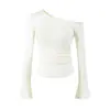 Estilo girl poderosa, camiseta de manga comprida ombro a ombro, nova coleção de outono, plissada, acinturada, justa ao corpo, elegante, com fenda e mangas bufantes, blusa feminina