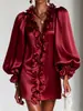 Llegada nueva de Amazon transfronterizo: Mini vestido brillante, transparente, con cuello con volantes y mangas abullonadas, de escote en V pronunciado, creando un look ligero y lujoso para mujer