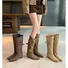 Temporada de Primer Encuentro~Botas largas plisadas con aumento de 4 cm de altura interior para mujer, otoño e invierno, versátiles botas vaqueras western de punta de media caña retro