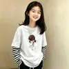 Camiseta de manga larga de algodón puro con retazos a rayas para niñas, versátil, para primavera y otoño, para niños mayores, estilo coreano, corte holgado, efecto dos piezas, moderna