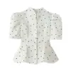 2026 Verão Novo Moda de Rua Europeia e Americana Cruzada Feminina Camisa com Estampa de Bolinhas e Manga Bufante w017 115
