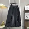 Foto Real de Shorts Jeans Rasgados de Cintura Alta com Barra Flare Emagrecedores para Mulheres, Roupa Versátil e Simples Plus Size para Mulheres Plus Size 115kg