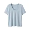Camiseta de Manga Corta con Cuello en U de Color Sólido, Costura Trasera, de Tencel + Lino para Mujer, Estilo Nuevo, Fresca y con Caída, Top Holgado y Versátil para Mujer
