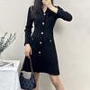 Estilo francês preto elegante vestido de malha moda estilo ocidental Chanel estilo outono cadeia de metal decorativo com decote em V A- linha saia