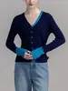 Tejido de Punto Azul con Cuello en V, Abertura y Mangas Largas para Mujer 2025 Primavera Puntadas de Color Contrastante Ajustado Estilo Coreano Ropa de Trabajo