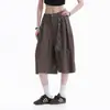 Calças casuais cropped marrons estilo japonês para homens e mulheres, tendência de verão estilo old money, calças de comprimento médio com pregas tridimensionais, shorts largos e soltos
