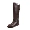 Botas de Caballero Color Café Piel de Vaca Completa Hebilla Doble Otoño/Invierno 2026 Tacón Bajo Grueso Punta Redonda Piel Genuina Caña Alta Largas para Mujer
