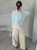 Cárdigan de Punto Azul con Cuello Redondo para Mujer, Nuevo Estilo 2026 Suéter de Lana con Punto Trenzado y Logo de Caballo Bordado