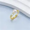 Anel de Pérola de Água Doce Natural para Mulheres, Madrepérola de Alta Qualidade Camélia em Forma de Leque Moda Boca Viva Ajustável Joias Atacado