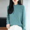 Suéter de Tricô Gola Alta Meia Manga Longa Feminino Cor Sólida Malha Trançada Loose Camisa Base Top Outono/Inverno 2026 Novo 100% Algodão