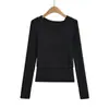 Camiseta Longa Off-Shoulder Tendência Slim-Fit Falsa de Duas Peças com Design Único, Top Casual Assimétrico, Camisa Base Liso