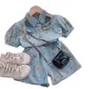 Conjunto Jeans Estilo Coreano para Meninas Verão 2026: Conjunto de Duas Peças: Top Jeans de Manga Curta com Gola Reversível + Shorts Florais